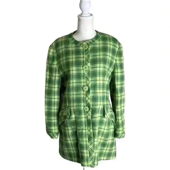 Vintage Mila Schön Wool Coat Green Plaid Italian Tailored Jacket Size 44 US 6 - Picture 2 of 5